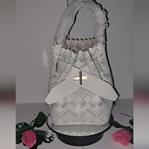 NWT! Zac Posen Brigete Leather Buckle Pocket Perforated Lace Bag Dove MSRP: $398 - Picture 3 of 9